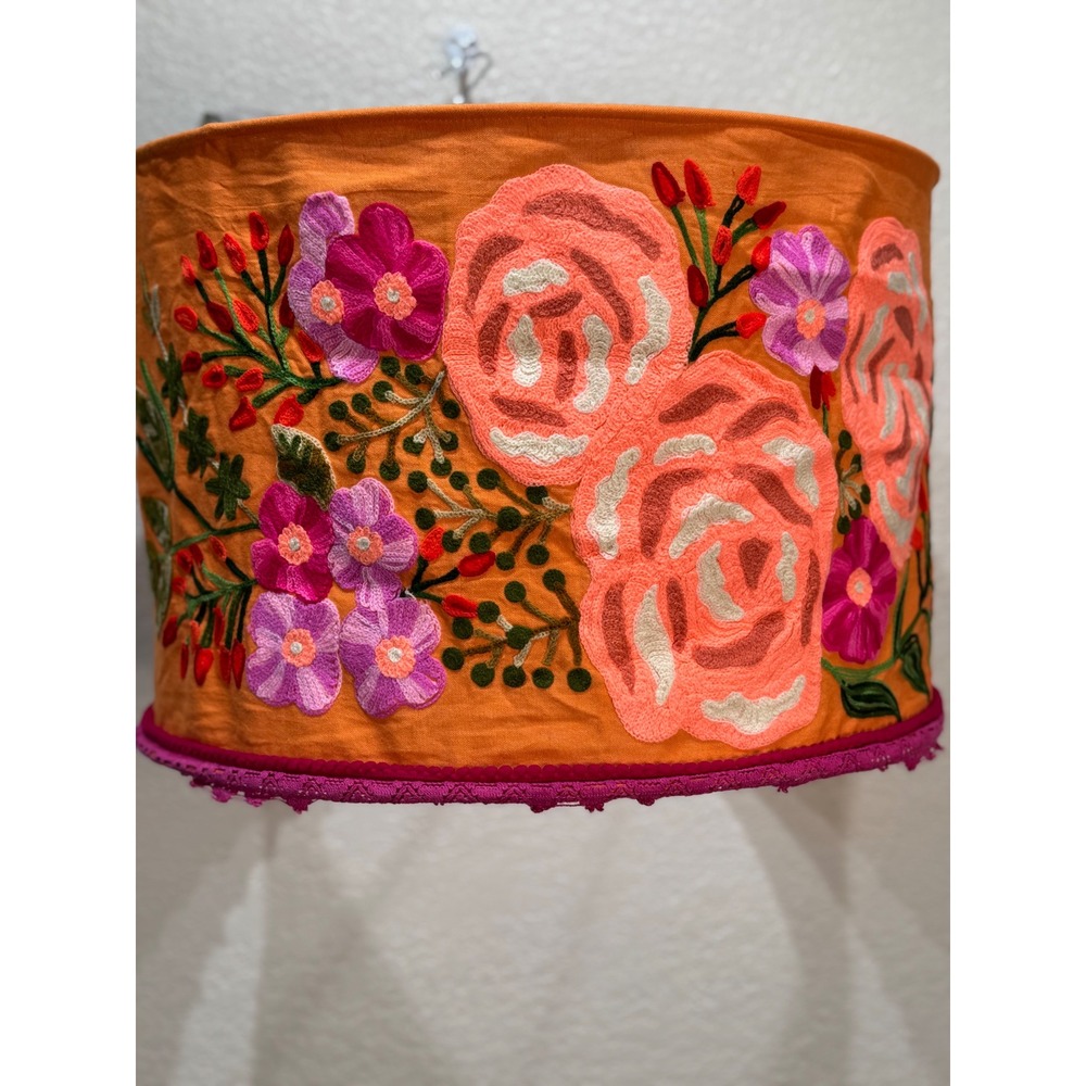 Karma Living Embroidered Orange Floral Lace Trim‎ Boho Round Lampshade Cover NWT